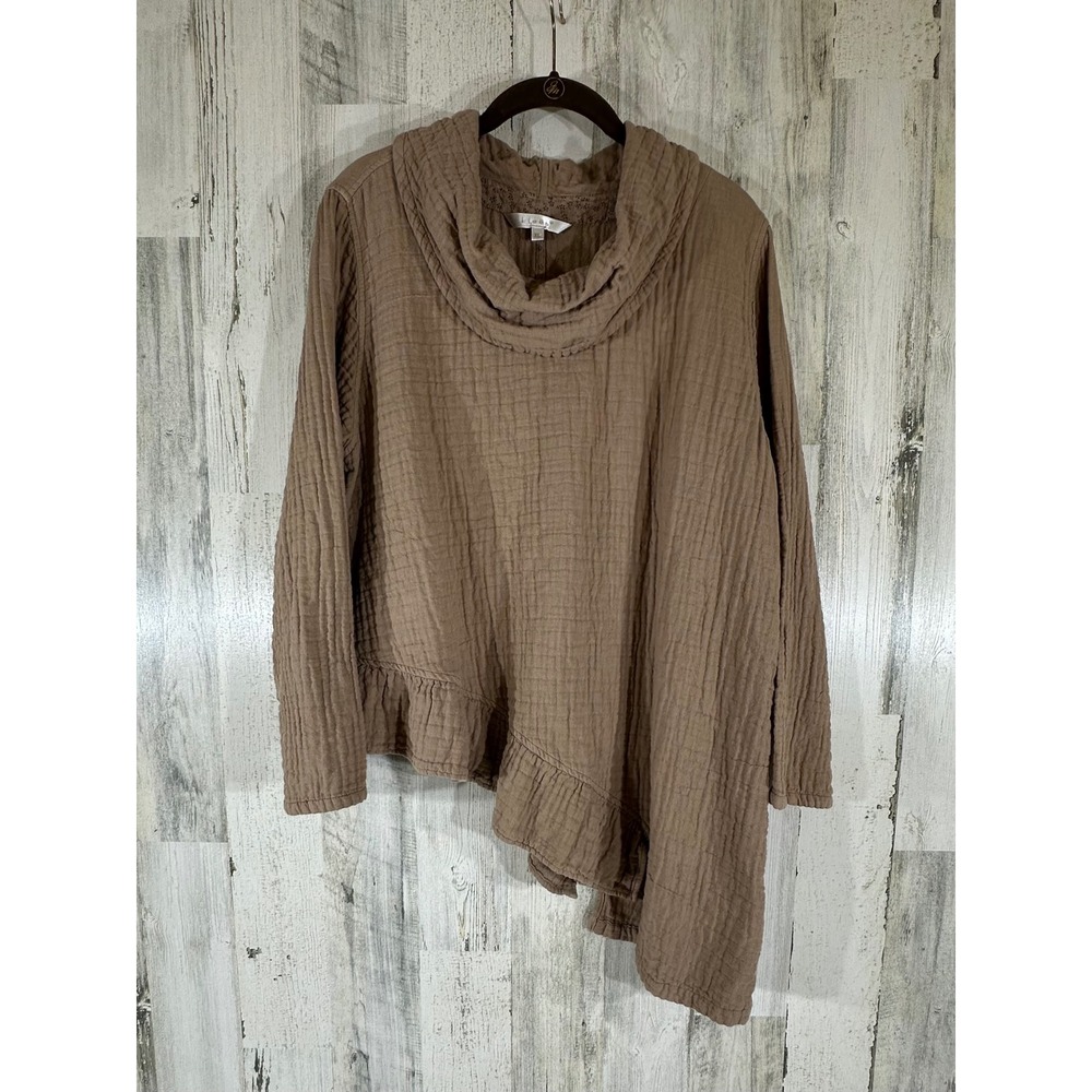 Kleen Tunic Top XL Brown Cotton Gauze Asymmetrical Ruffle Cowl Neck